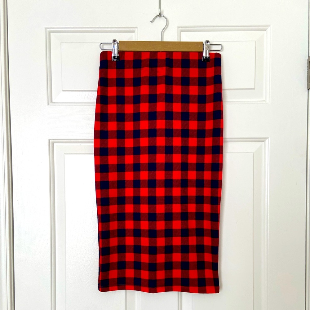 Office Siren Red & Black Buffalo Check Plaid Pencil Skirt